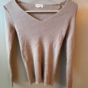 Ambiance V-Neck Ribbed Sweater - Beige